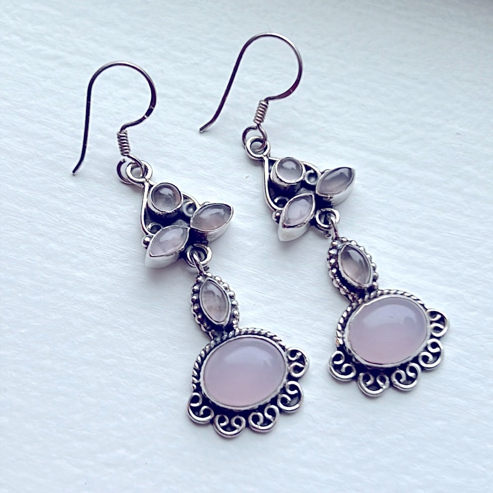 925S Naural Rose Quartz Dangle Earrings